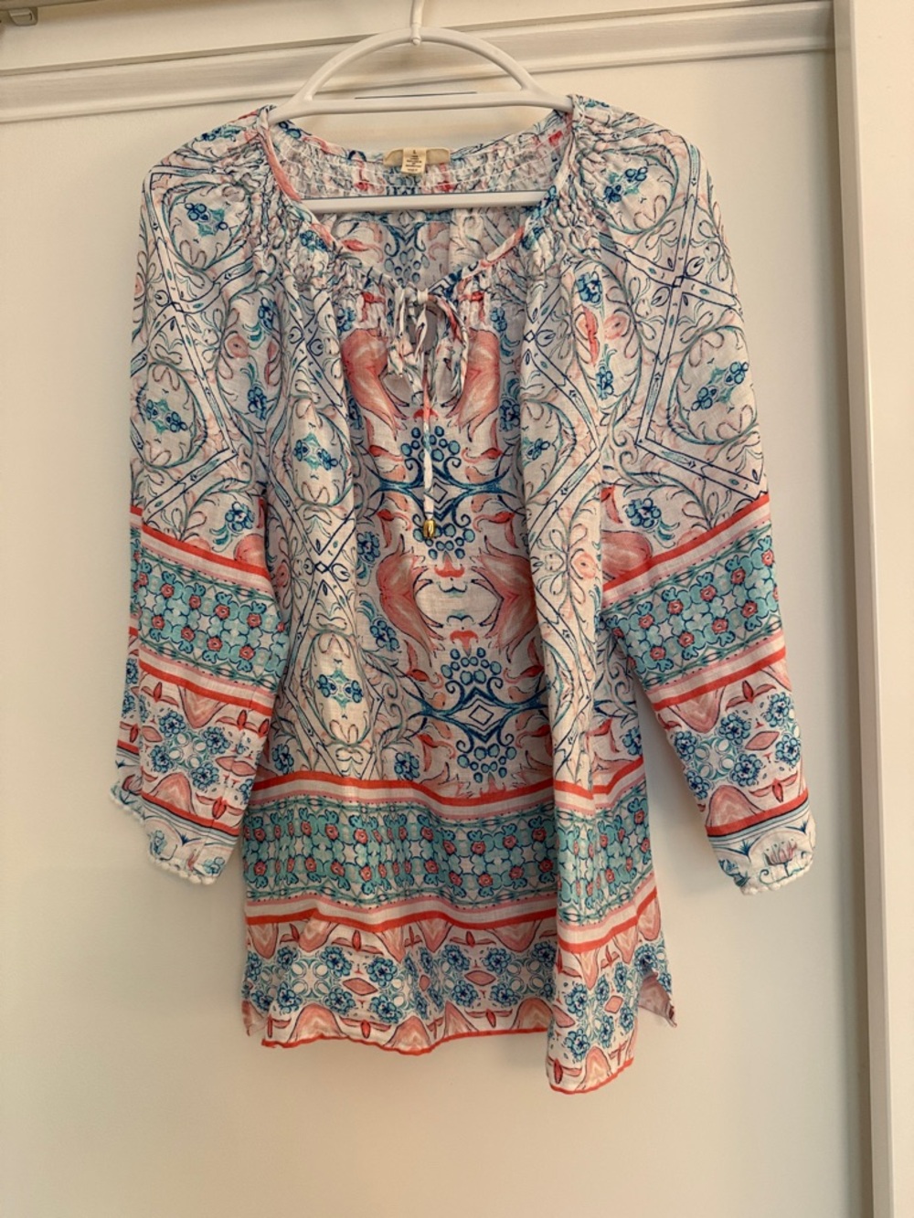 Charter Club Linen Floral Blouse in Coral, Teal & White